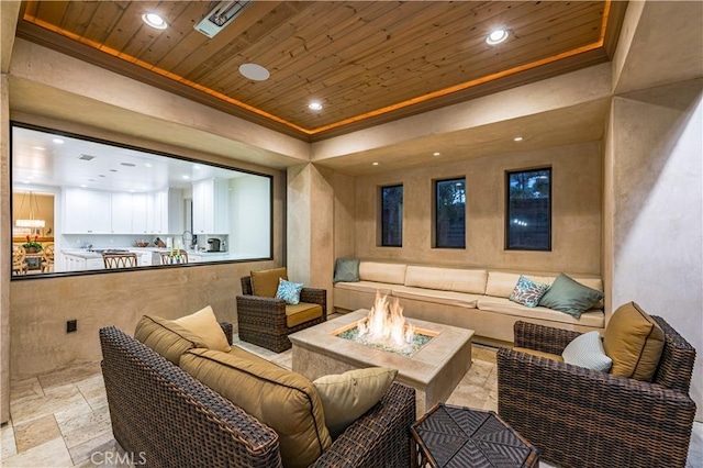 interior space with crown molding and wooden ceiling