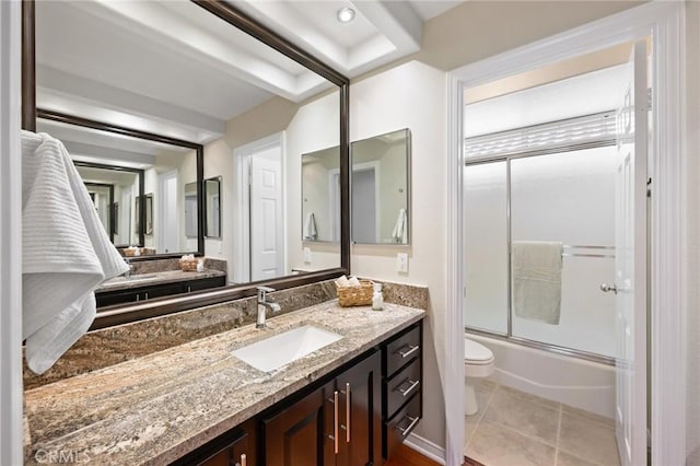 full bathroom with tile patterned floors, vanity, toilet, and enclosed tub / shower combo