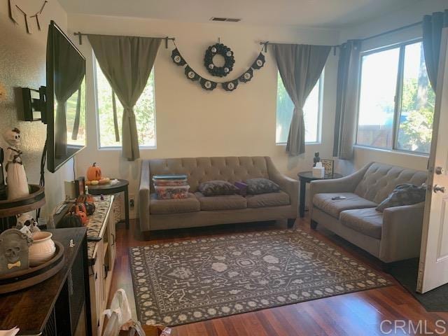 living room with dark wood-type flooring and a wealth of natural light