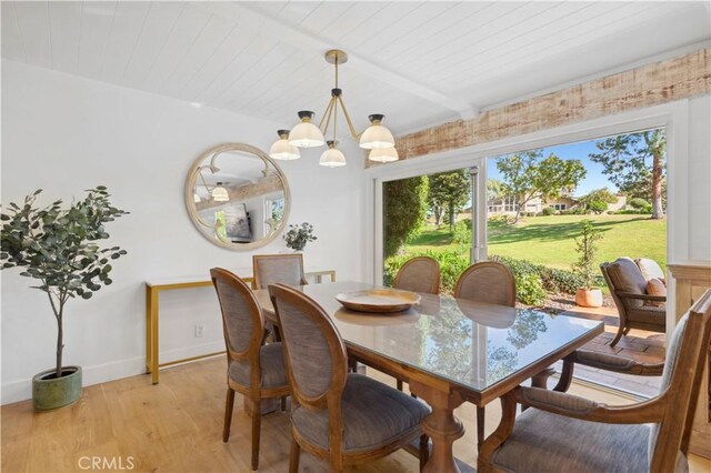 dining area featuring a chandelier, beamed ceiling, light hardwood / wood-style floors, and wooden ceiling