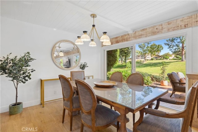 dining space featuring a notable chandelier, wood ceiling, baseboards, light wood-style floors, and beam ceiling