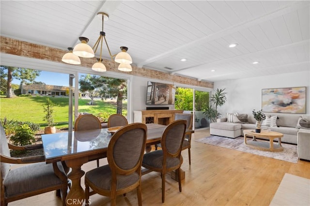 dining area featuring beam ceiling, recessed lighting, wood ceiling, a chandelier, and light wood-type flooring