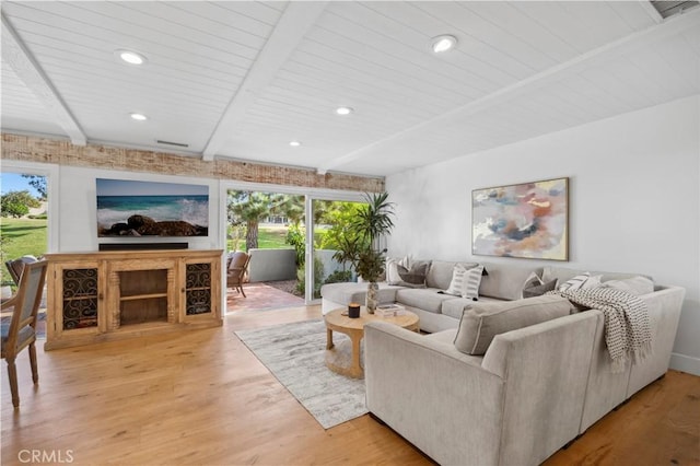 living room featuring visible vents, wood ceiling, light wood-type flooring, beam ceiling, and recessed lighting