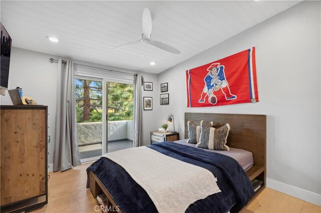 bedroom with ceiling fan, light wood-type flooring, and access to outside