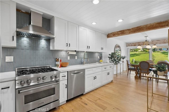 kitchen with white cabinetry, appliances with stainless steel finishes, wall chimney range hood, beam ceiling, and light wood finished floors