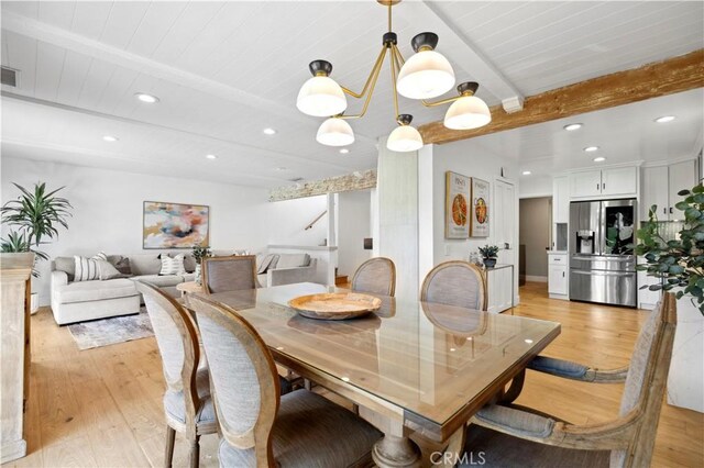 dining room featuring wooden ceiling, beamed ceiling, and light hardwood / wood-style floors