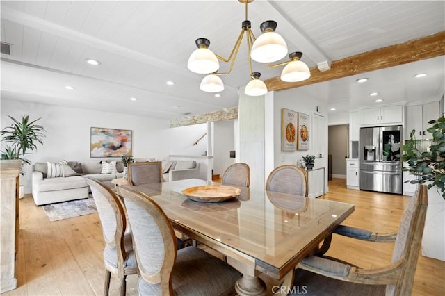 dining area featuring light wood finished floors, beamed ceiling, and recessed lighting