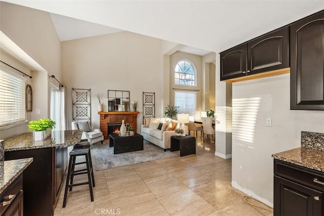 interior space with a fireplace and a high ceiling