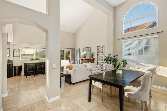 dining space featuring high vaulted ceiling and a healthy amount of sunlight