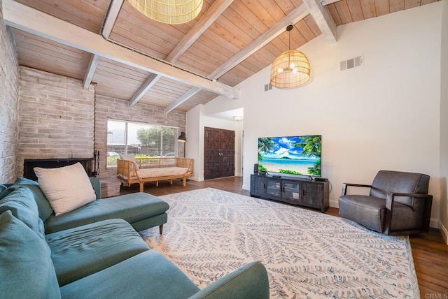 living room featuring a fireplace, wood ceiling, high vaulted ceiling, beamed ceiling, and hardwood / wood-style floors