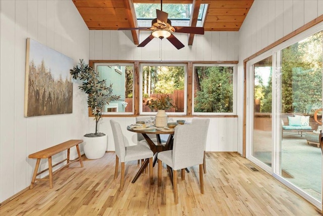 sunroom featuring lofted ceiling, ceiling fan, and wood ceiling