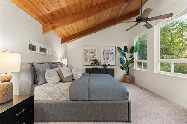 carpeted bedroom featuring ceiling fan, vaulted ceiling with beams, and wood ceiling