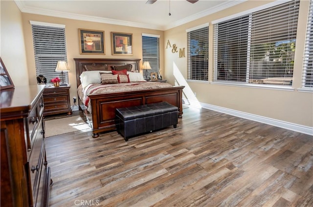 bedroom with ceiling fan, wood-type flooring, and ornamental molding