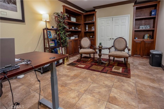 home office featuring crown molding