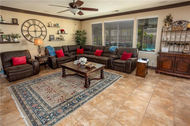 living room featuring light tile patterned floors, ceiling fan, and ornamental molding