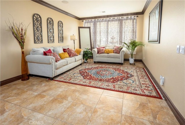 living room with ornamental molding