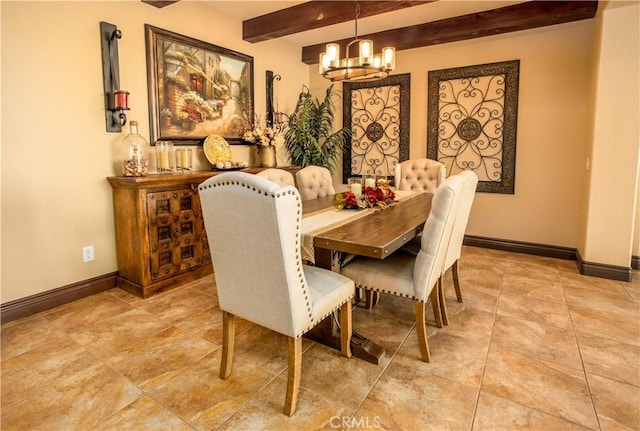 tiled dining area featuring beamed ceiling and an inviting chandelier