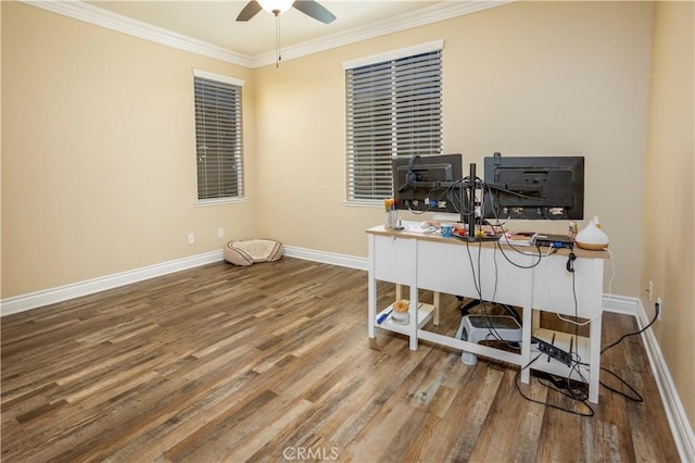 office featuring hardwood / wood-style floors, ceiling fan, and crown molding