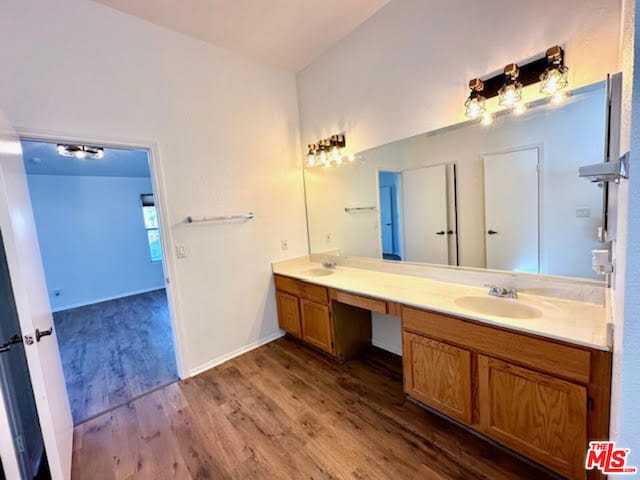 bathroom featuring vanity and hardwood / wood-style flooring