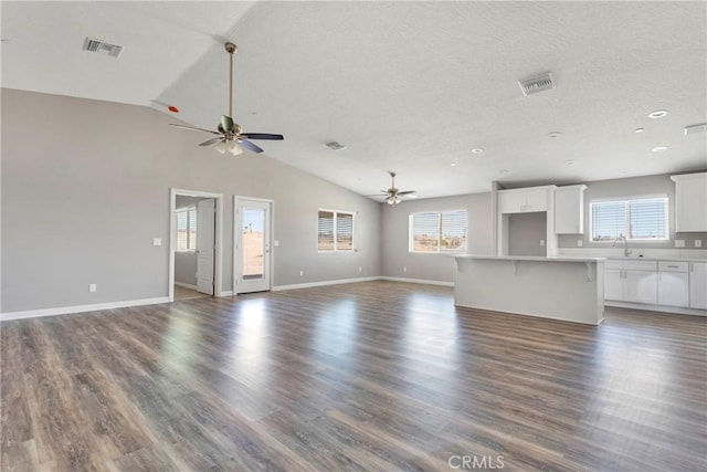 unfurnished living room featuring dark hardwood / wood-style floors, lofted ceiling, and a wealth of natural light