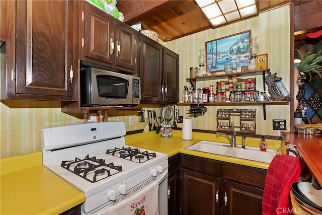 kitchen with sink, dark brown cabinetry, and white gas range oven