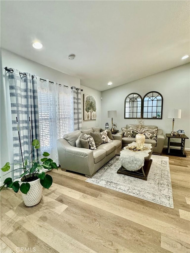 living area featuring wood finished floors and recessed lighting