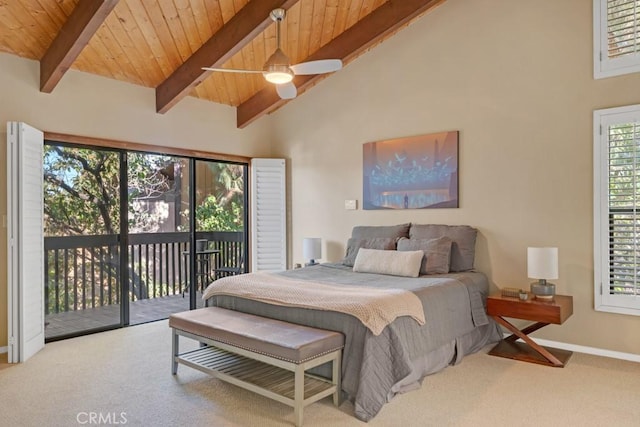 bedroom featuring ceiling fan, beamed ceiling, carpet floors, high vaulted ceiling, and access to exterior