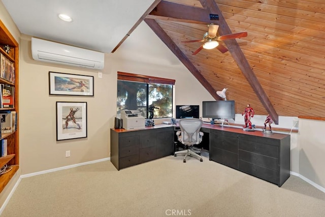 carpeted office space with wooden ceiling, a wall mounted air conditioner, and vaulted ceiling with beams