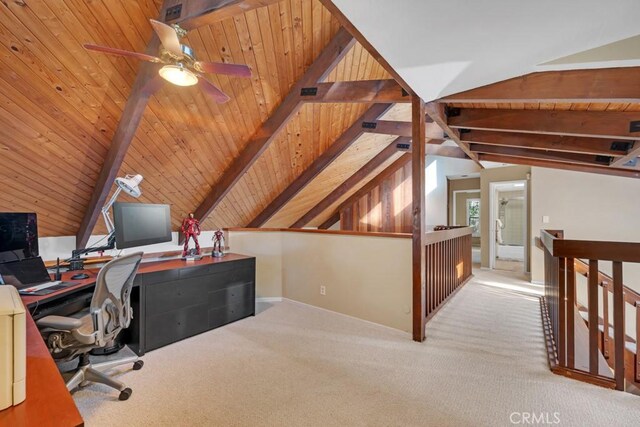 office with carpet flooring, wood ceiling, and vaulted ceiling with beams