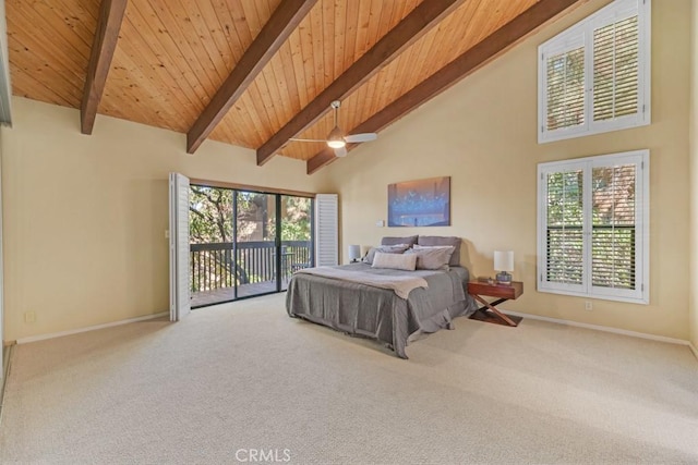 bedroom featuring beamed ceiling, high vaulted ceiling, multiple windows, and access to outside