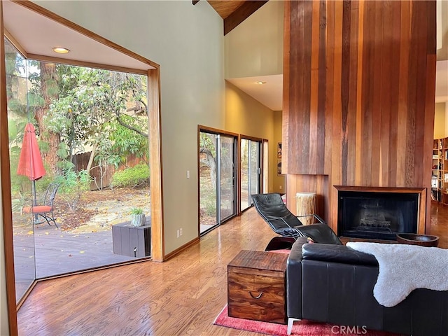 living room with hardwood / wood-style flooring and high vaulted ceiling