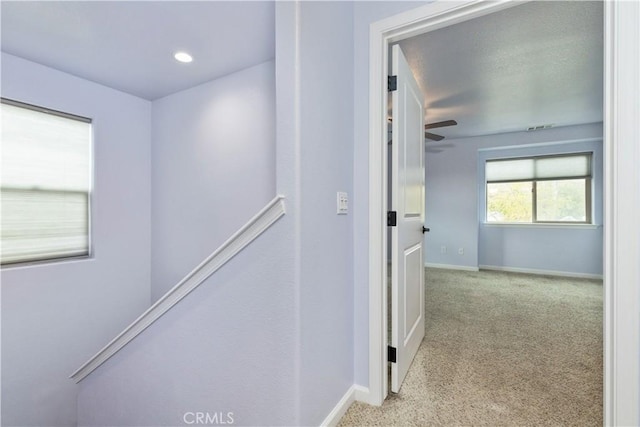 corridor with light colored carpet