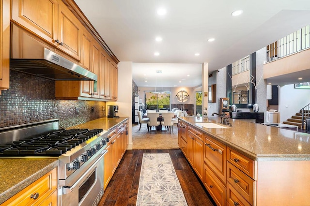 kitchen with a kitchen island with sink, sink, light stone countertops, high end stove, and dark hardwood / wood-style flooring