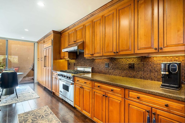 kitchen with stainless steel range, tasteful backsplash, and dark wood-type flooring