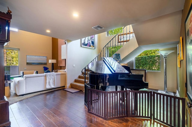 miscellaneous room featuring decorative columns, dark hardwood / wood-style flooring, and plenty of natural light