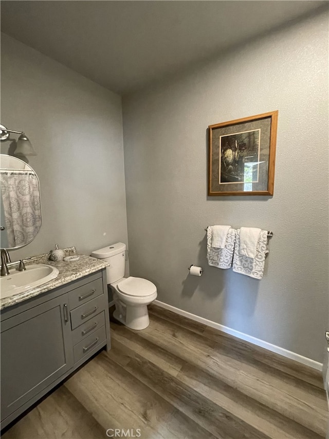 bathroom featuring toilet, vanity, and hardwood / wood-style flooring