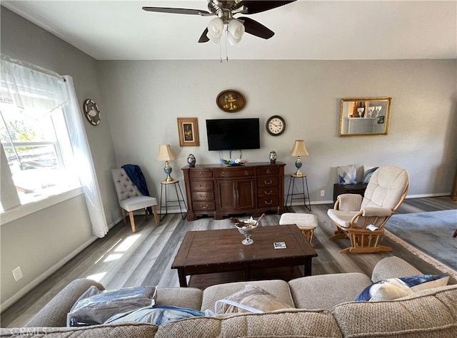 living room featuring wood-type flooring and ceiling fan