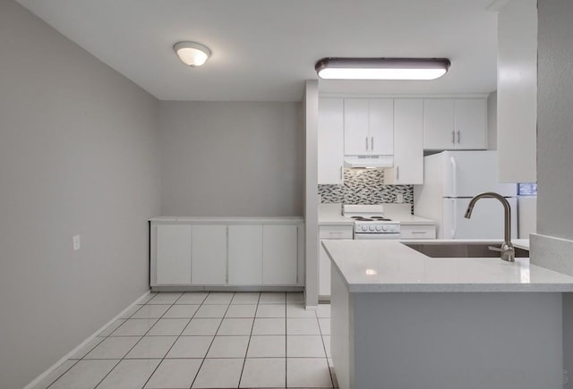 kitchen with white cabinetry, sink, white appliances, and kitchen peninsula