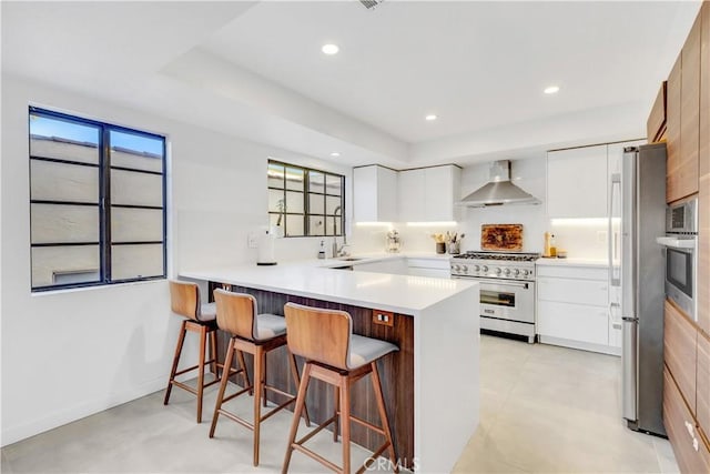 kitchen featuring white cabinetry, wall chimney range hood, a kitchen breakfast bar, kitchen peninsula, and appliances with stainless steel finishes