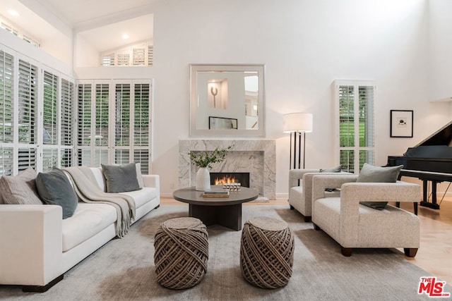 living room featuring hardwood / wood-style flooring, a high end fireplace, and high vaulted ceiling