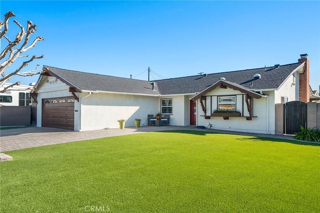 ranch-style house featuring a front yard and a garage