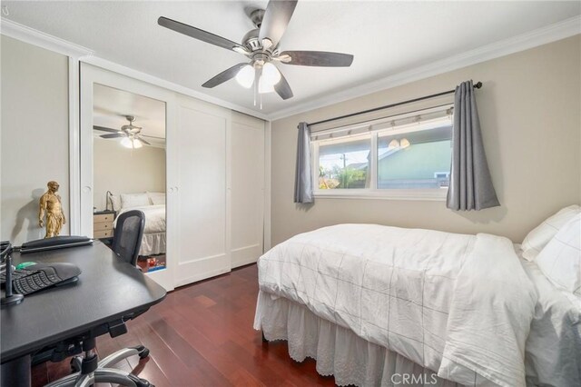 bedroom featuring ceiling fan, dark hardwood / wood-style floors, crown molding, and a closet