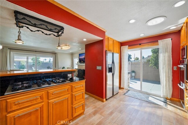 kitchen featuring pendant lighting, plenty of natural light, light hardwood / wood-style floors, and appliances with stainless steel finishes