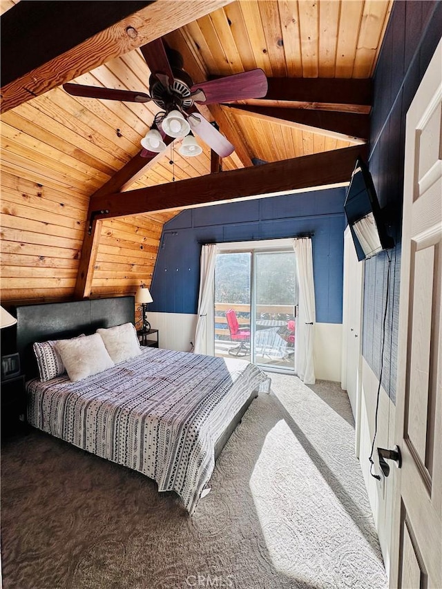 carpeted bedroom featuring vaulted ceiling with beams, wooden walls, ceiling fan, and wooden ceiling