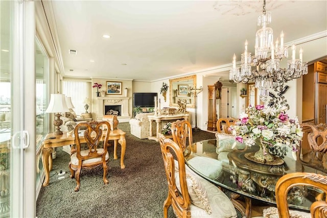 1203 Bayside Dr, Corona Del Mar, CA 92625 - carpeted dining room featuring ornamental molding, a chandelier, and a fireplace