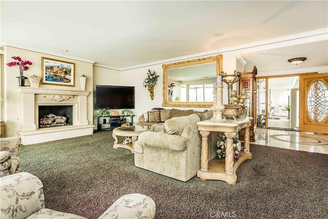 living room with carpet, crown molding, and a high end fireplace