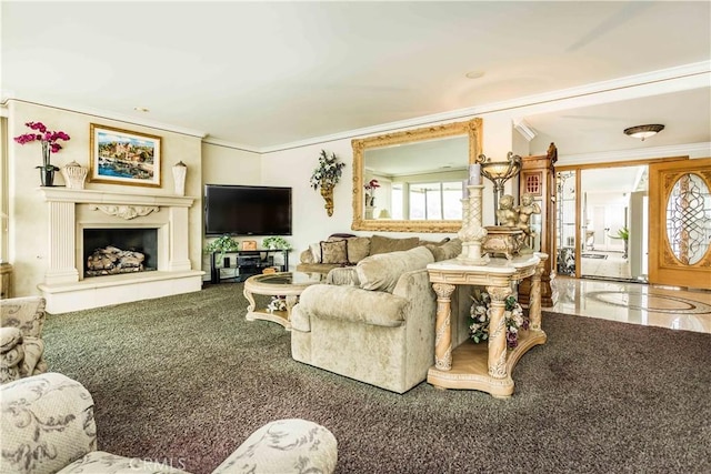 1203 Bayside Dr, Corona Del Mar, CA 92625 - carpeted living area with ornamental molding and a fireplace with raised hearth
