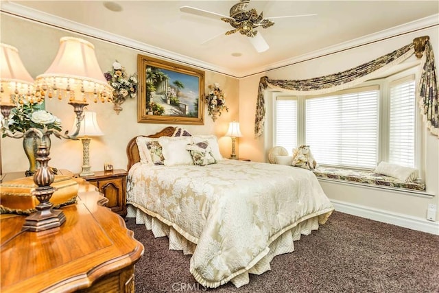 bedroom featuring carpet flooring, ceiling fan, and crown molding