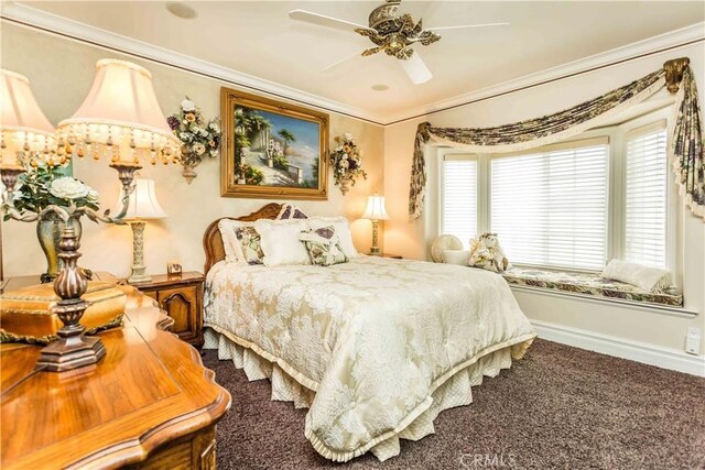 1203 Bayside Dr, Corona Del Mar, CA 92625 - carpeted bedroom featuring crown molding, baseboards, and a ceiling fan