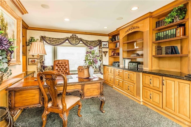 carpeted office featuring crown molding